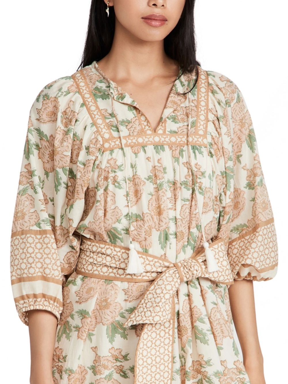 Cleobella Floral Tie-Waist Tunic — Cream, Beige, Green